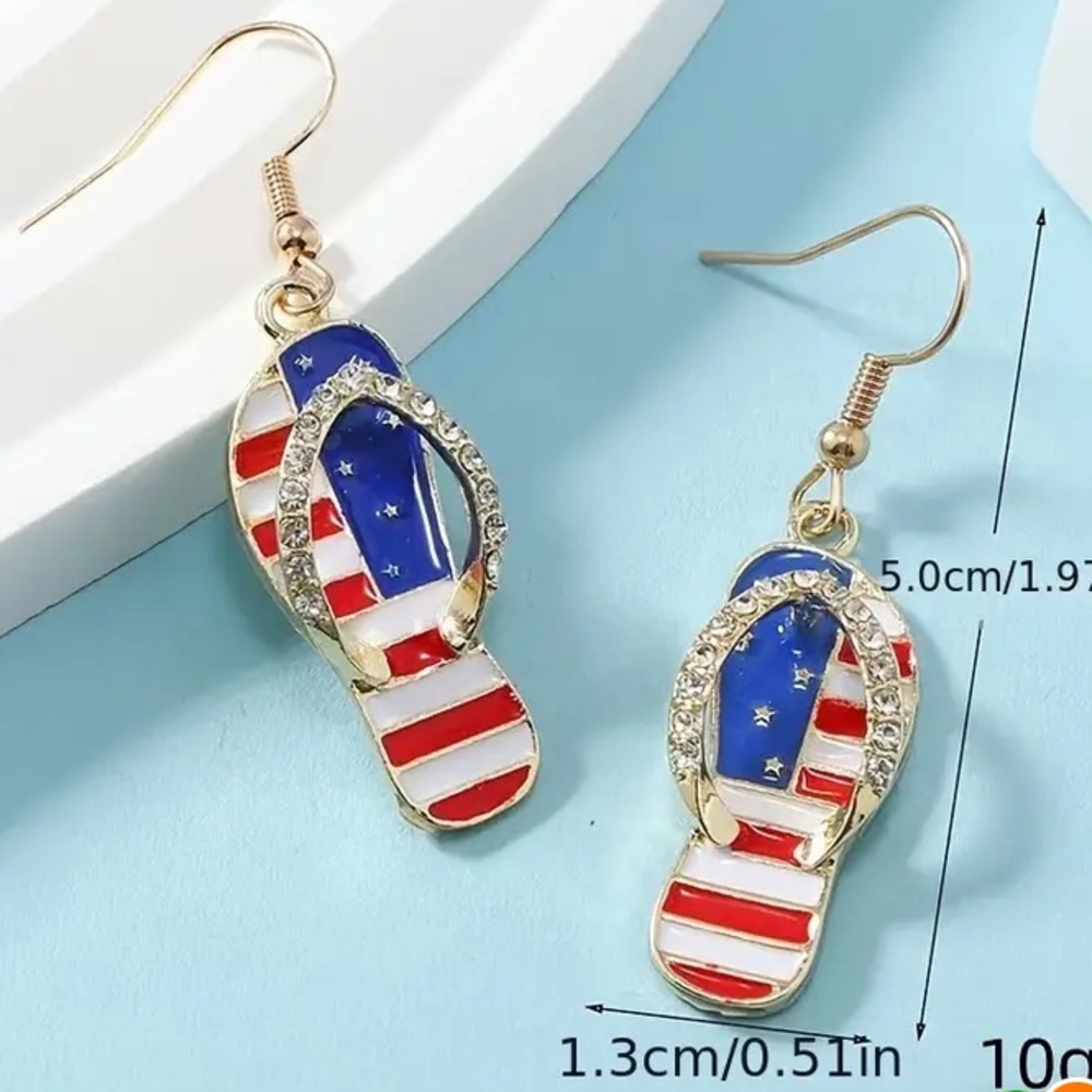 Rhinestones Patriotic Flip-Flop Earrings - Stars & Stripes - gold or silver - Picture 6 of 6